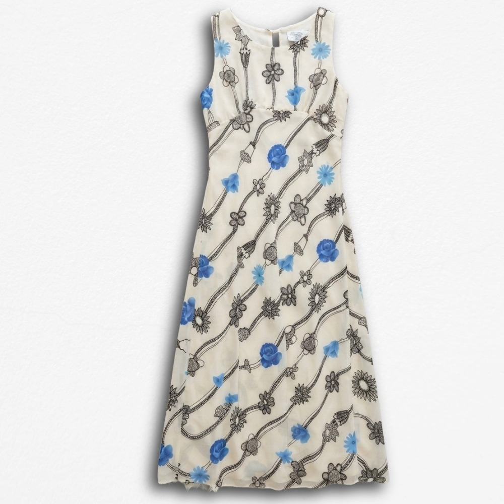 Pretty Good Vintage 90s Floral Maxi Dress Blue Cream Sleeveless‎ Empire Waist M